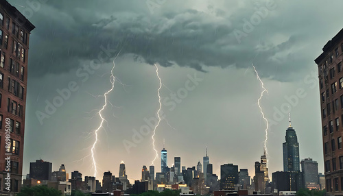 helle zuckende Blitze donnernd in dunklen tosenden Gewitter Wolken voll dichtem Regen Unwetter über amerikanischer Stadt ziehend Starkregen Umwelt Katastrophe Überschwemmung Blitzschlag photo