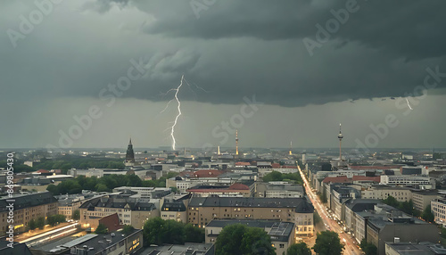 helle zuckende Blitze donnernd in dunklen tosenden Gewitter Wolken voll dichtem Regen Unwetter über eine Großstadt ziehend Starkregen Umwelt Katastrophe Überschwemmung Blitzschlag photo