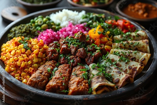 A Feast of Ethiopian Flavors: Colorful Injera Platter with Stews and Vegetables photo