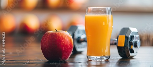 Fresh juice, an apple to aid weight loss, alongside dumbbells in a fitness setting with copy space image. photo