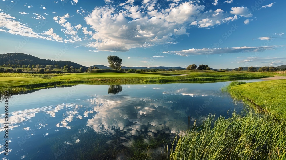 Serene golf course with pond and reflections. Tranquil golf course with lush green fairways, a picturesque pond reflecting the blue sky and fluffy clouds, perfect for travel and leisure publications. Serene golf course with pond and reflections. Tranquil golf course with lush green fairways, a picturesque pond reflecting the blue sky and fluffy clouds, perfect for travel and leisure publications.