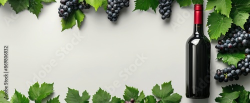 Red Wine Bottle and Grapes on a White Background