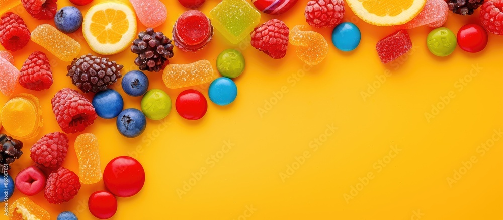A variety of colorful candies arranged on a vibrant background in a flat lay style with a top view, forming a border around a copy space image. A variety of colorful candies arranged on a vibrant background in a flat lay style with a top view, forming a border around a copy space image.