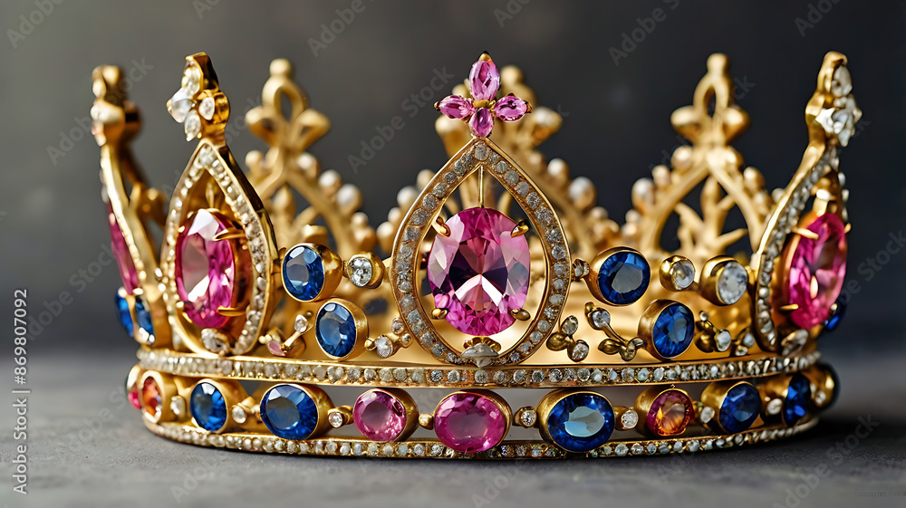 Gold crown with pink stones on a black. Gold crown with pink stones on a black.