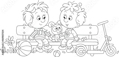 Funny little boys with a small puppy merrily talking on a small bench on a playground in a park on a summer day, black and white vector cartoon illustration for a coloring book