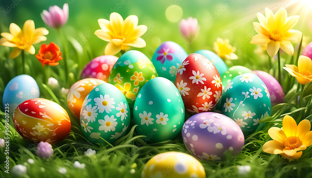 bunte Ostereier Eier Osterei liegen im frischen grünen Gras im warmen Licht des Frühling zu Ostern versteckt zum Suchen Finden Hintergrund Blumen hell bunte Ostereier Eier Osterei liegen im frischen grünen Gras im warmen Licht des Frühling zu Ostern versteckt zum Suchen Finden Hintergrund Blumen hell