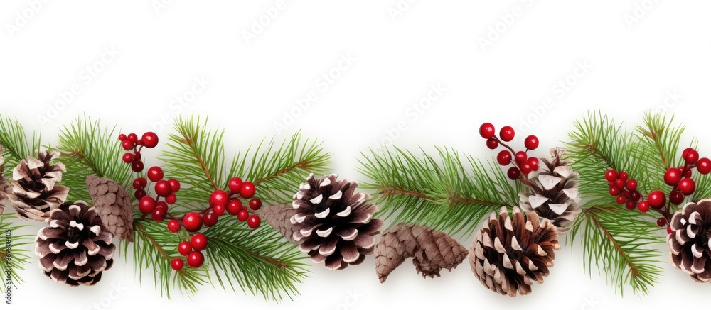 An image featuring a Christmas-themed border with tree branches, red berries, and pine cones on a white background, ideal for adding text or other elements An image featuring a Christmas-themed border with tree branches, red berries, and pine cones on a white background, ideal for adding text or other elements