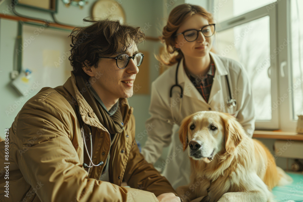 Stylish Young Man and his Golden Retriever Visit Vet Clinic Pup Gets a Check-Up from Female Vet Stylish Young Man and his Golden Retriever Visit Vet Clinic Pup Gets a Check-Up from Female Vet
