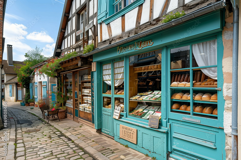 Charming small bakery shopfront in a European village with traditional half-timbered houses, turquoise storefront, and cobblestone street, displaying various breads and baked goods in the windows Charming small bakery shopfront in a European village with traditional half-timbered houses, turquoise storefront, and cobblestone street, displaying various breads and baked goods in the windows