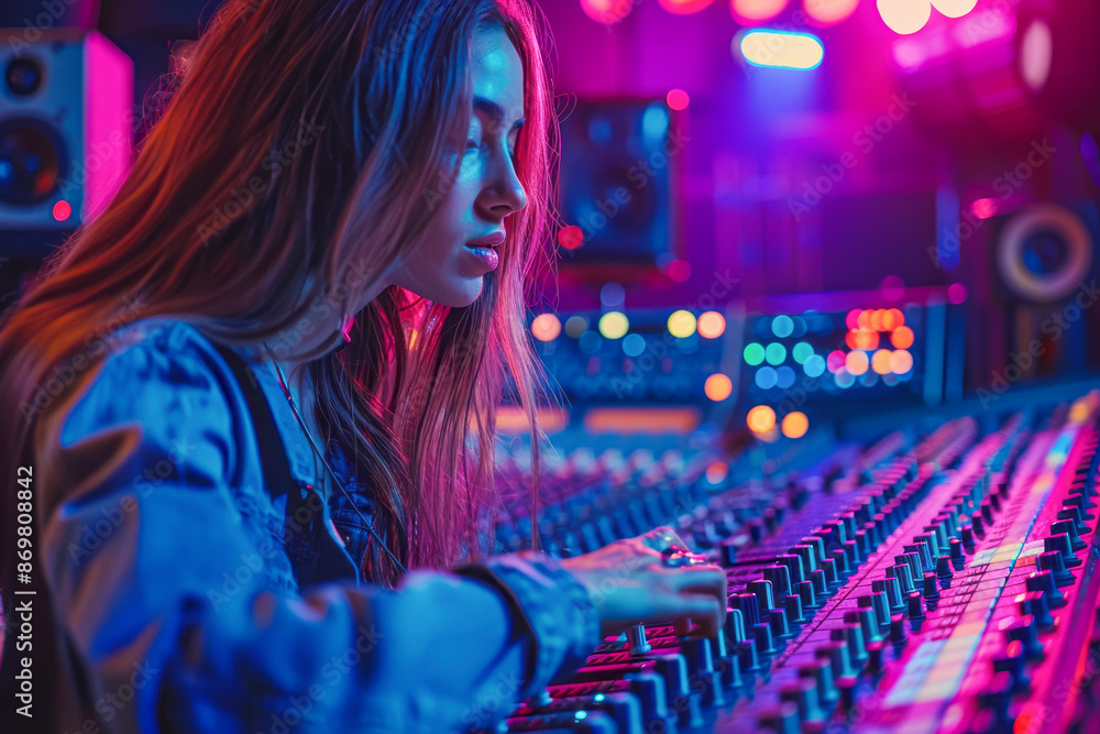 Talented Female Audio Engineer Crafting Modern Sounds in Recording Studio Mixing Board and Software in Action Creative Musician Producing New Song Talented Female Audio Engineer Crafting Modern Sounds in Recording Studio Mixing Board and Software in Action Creative Musician Producing New Song