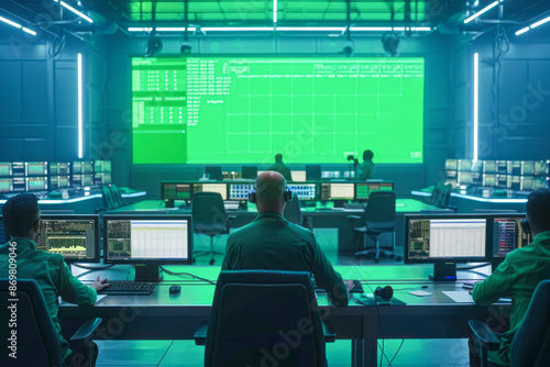 Dynamic Mission Control Center with Engineers at Work on Computers in Big Green Screen Horizontal Mock Up Room
