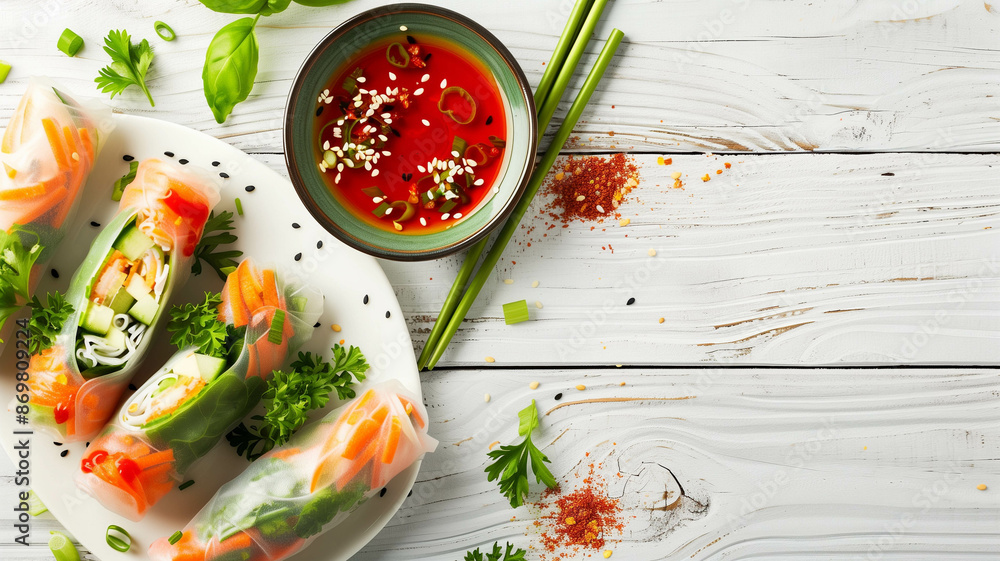 An overhead shot of colorful spring rolls placed next to a bowl of sauce and chopsticks on a white wooden table An overhead shot of colorful spring rolls placed next to a bowl of sauce and chopsticks on a white wooden table