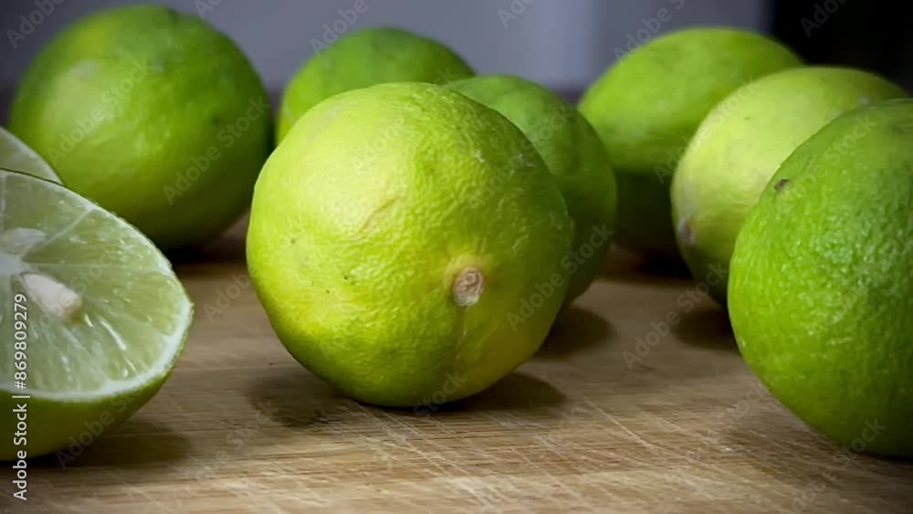 Fresh green lemons with sliced pieces on blurred background Fresh green lemons with sliced pieces on blurred background