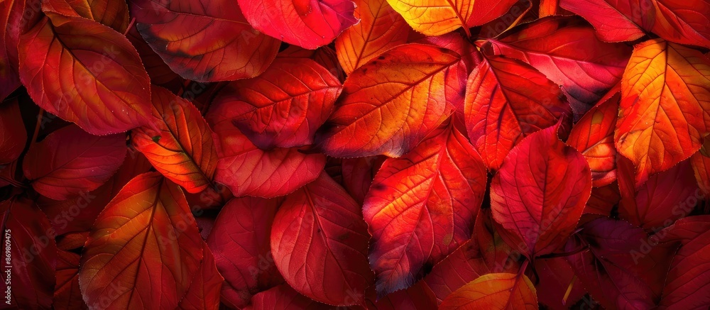The colorful autumn leaves create a vivid backdrop with glowing red, orange, and yellow hues in the sunlight, perfectly captured in a copy space image. The colorful autumn leaves create a vivid backdrop with glowing red, orange, and yellow hues in the sunlight, perfectly captured in a copy space image.
