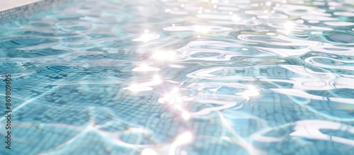 Swimming pool with blue water reflecting sunlight and rippling, creating a serene and inviting atmosphere, ideal for a copy space image.