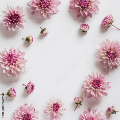 A minimalist floral frame with pink flowers arranged on a white background