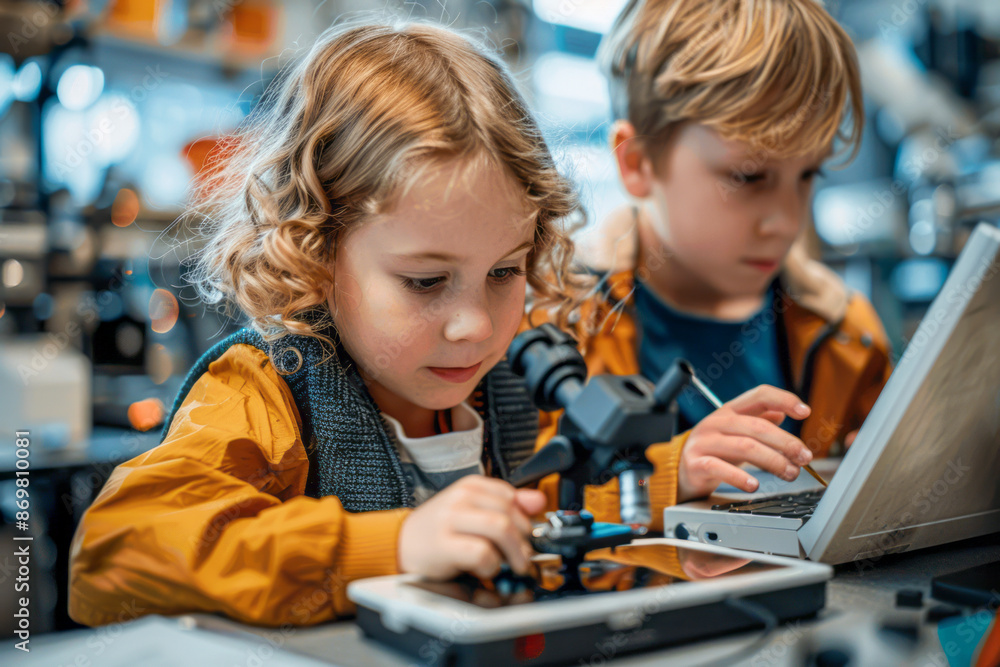 Exploring Science Kids in Classroom Use Microscope and Tablet with Teacher Supervision Exploring Science Kids in Classroom Use Microscope and Tablet with Teacher Supervision