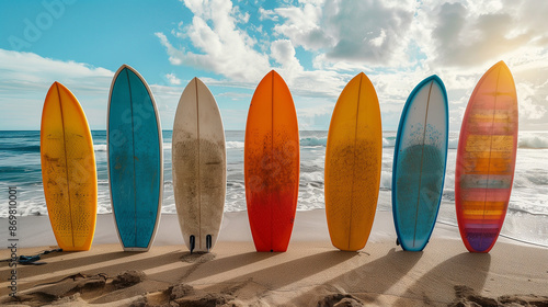 Colorful Surfboards Lined Up on Sandy Beach with Ocean Waves