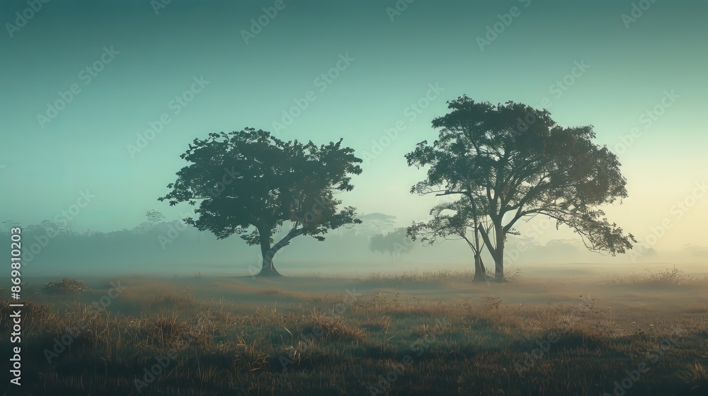 Background image with Trees in Misty Morning Light