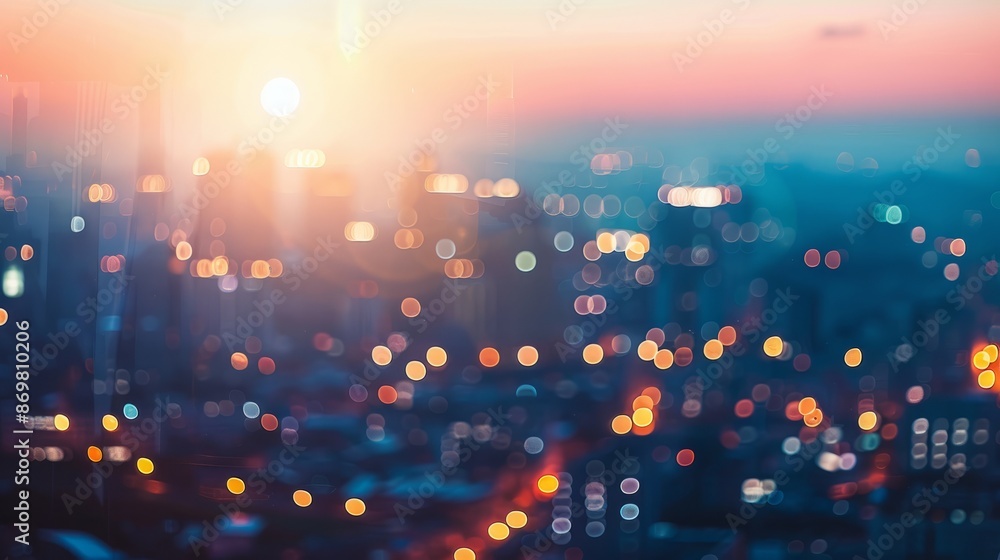 Obraz premium City lights bokeh sunset. Abstract blurred city lights at sunset, creating a dreamy bokeh effect. Perfect for urban and lifestyle themes.