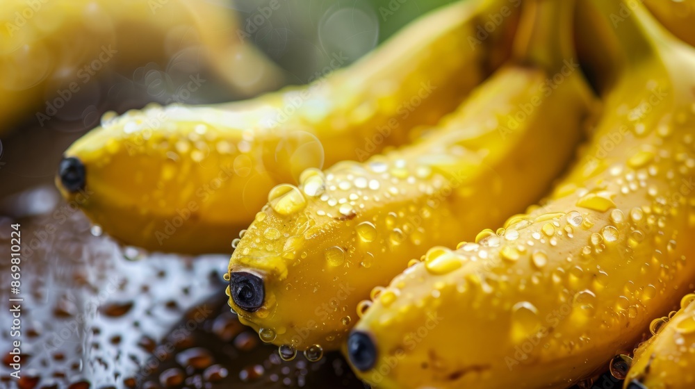 Fototapeta premium Fresh ripe bananas with water droplets. Close-up of wet, yellow bananas, emphasizing their freshness and appeal. Ideal for food, health, or tropical themes.
