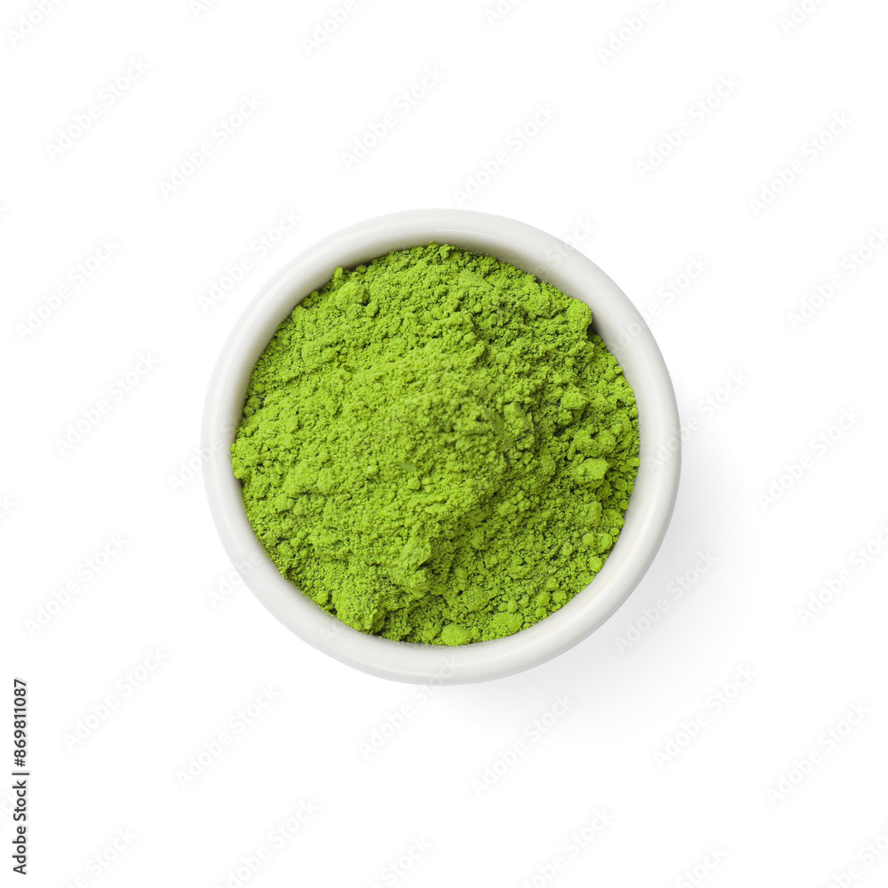 Green matcha powder in bowl isolated on white, top view Green matcha powder in bowl isolated on white, top view