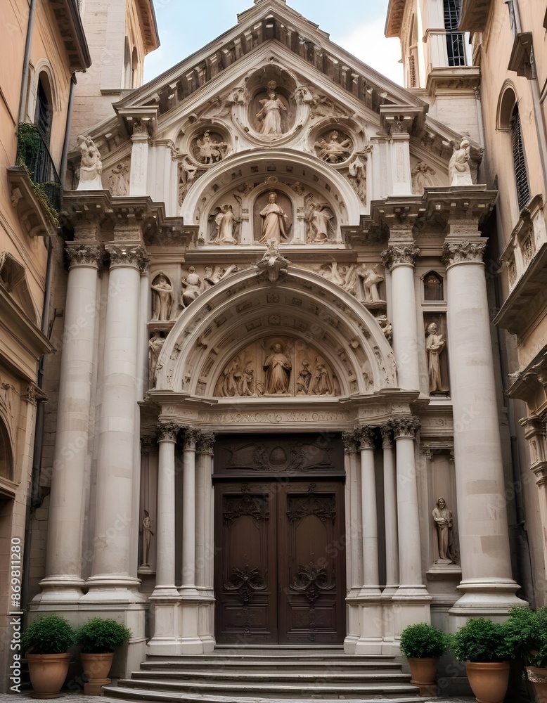 Fototapeta premium In the heart of ancient state Italy within the cobblestone streets stands a majestic church adorned with intricate metalwork and ornate sculptures
