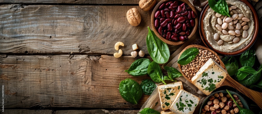 Varieties of plant-based protein sources like tofu, beans, nuts, and spinach are commonly found in vegan diets, against a rustic wooden backdrop with room for additional elements like text or images. Varieties of plant-based protein sources like tofu, beans, nuts, and spinach are commonly found in vegan diets, against a rustic wooden backdrop with room for additional elements like text or images.
