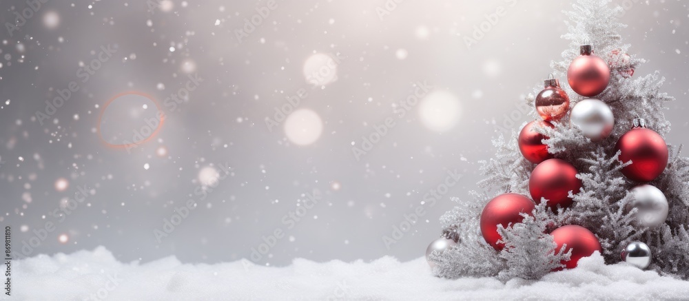 Festive Christmas tree adorned with silver and red ornaments, surrounded by a snowy effect with a soft focus, creating a concept with copy space image. Festive Christmas tree adorned with silver and red ornaments, surrounded by a snowy effect with a soft focus, creating a concept with copy space image.