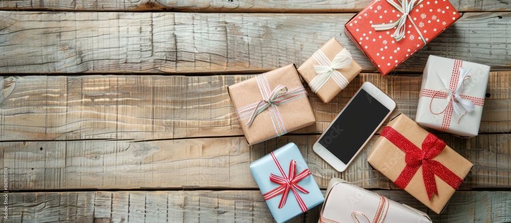 Obraz premium Gift boxes arranged around a mobile phone on a wooden surface, creating an appealing composition with a copy space image.