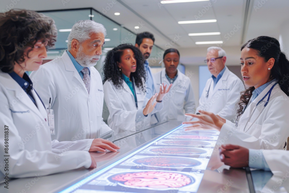Exploring Hand Gestures of Diverse Medical Team Analyzing Brain MRI Scans for Alzheimer's Cure at Hospital Research Center Exploring Hand Gestures of Diverse Medical Team Analyzing Brain MRI Scans for Alzheimer's Cure at Hospital Research Center