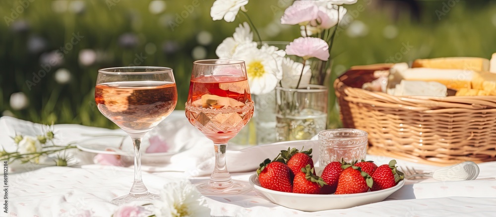 Close-up of a glass of rose wine and food set on a white picnic blanket with a clear area for text or images (copy space image). Close-up of a glass of rose wine and food set on a white picnic blanket with a clear area for text or images (copy space image).