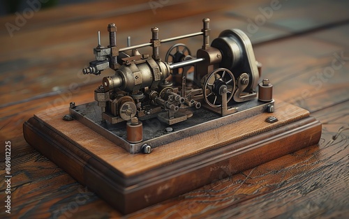 Vintage miniature steam engine model on wooden base, showcasing intricate details of industrial machinery, perfect for collectors and enthusiasts.