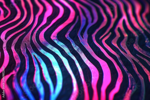 Neon psychedelic zebra waves on textured background. 1960s style.