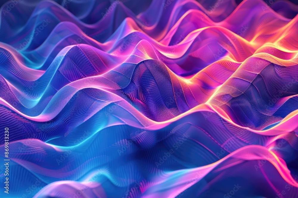 Fototapeta premium Geometric pattern on wavy fabric with neon abstract background.