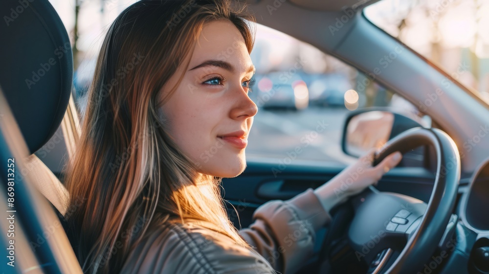 Young woman driving car sunset. A young woman with long hair is driving a car at sunset, she is looking out the window and smiling