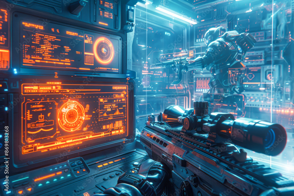 Fototapeta premium Virtual Warfare FPS Space Battle Against Robots in Live e-Sports Tournament