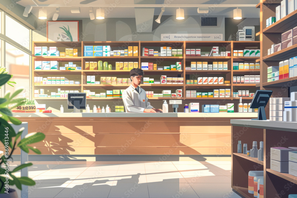 Cutting-Edge Pharmacy Packed Shelves of Modern Medicine Expert Pharmacist at Checkout Counter Cutting-Edge Pharmacy Packed Shelves of Modern Medicine Expert Pharmacist at Checkout Counter