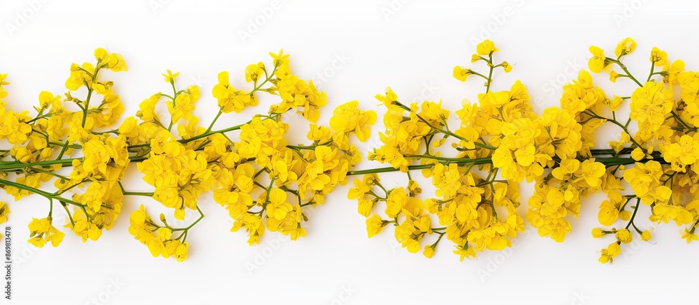 Rapeseed flowers on a white backdrop with copy space image available. Rapeseed flowers on a white backdrop with copy space image available.