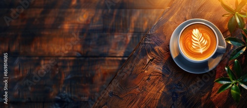 Enjoy a freshly brewed coffee with lovely latte art on a wooden table in a cafe setting, perfect for a coffee break with recreation and relaxation, surrounded by a copy space image. photo