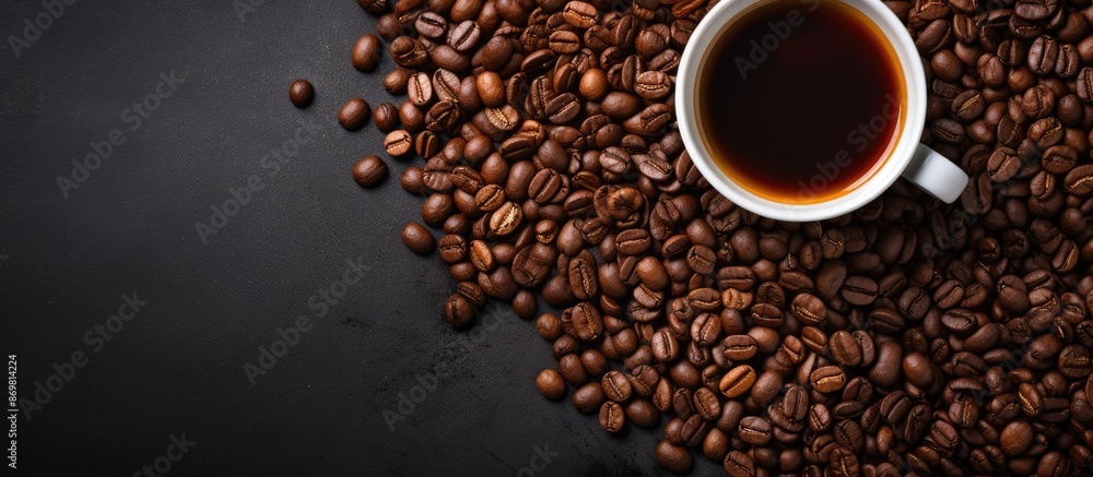 Top view of a coffee cup filled with dark roasted beans on a background perfect for adding text or images, known as a copy space image. Top view of a coffee cup filled with dark roasted beans on a background perfect for adding text or images, known as a copy space image.
