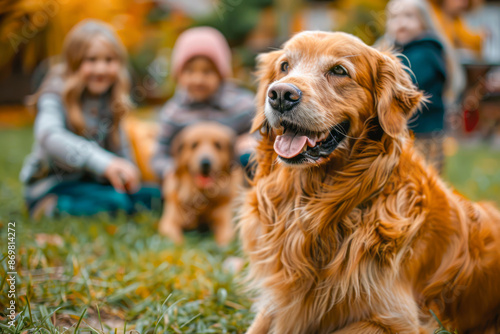 Smiling Family with Kids and Golden Retriever Enjoying Time Together Outdoors