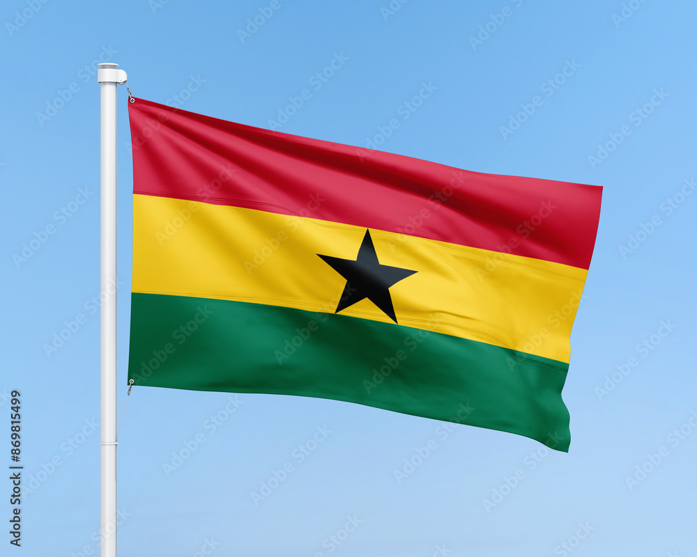 Ghana flag on stick on sky background. Realistic flag illustration Ghana flag on stick on sky background. Realistic flag illustration