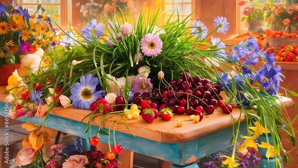 Summer composition with flowers grass cherries strawberries lying as a frame on an old painted wooden table top view Summer composition with flowers grass cherries strawberries lying as a frame on an old painted wooden table top view