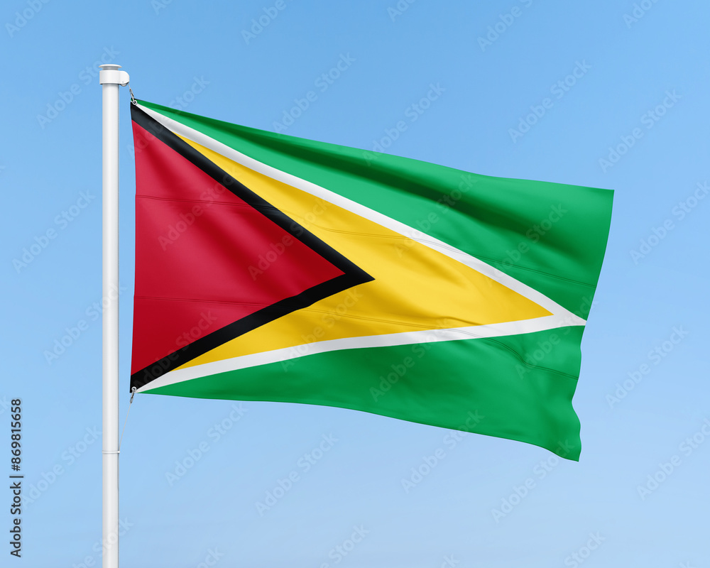 Guyana flag on stick on sky background. Realistic flag illustration Guyana flag on stick on sky background. Realistic flag illustration