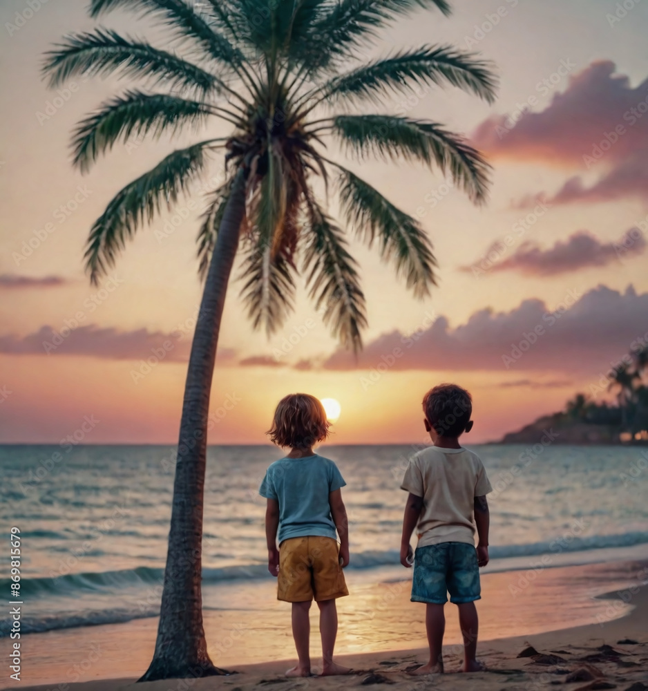 Children watching the sea from the beach at sunrise or sunset. Children watching the sea from the beach at sunrise or sunset.