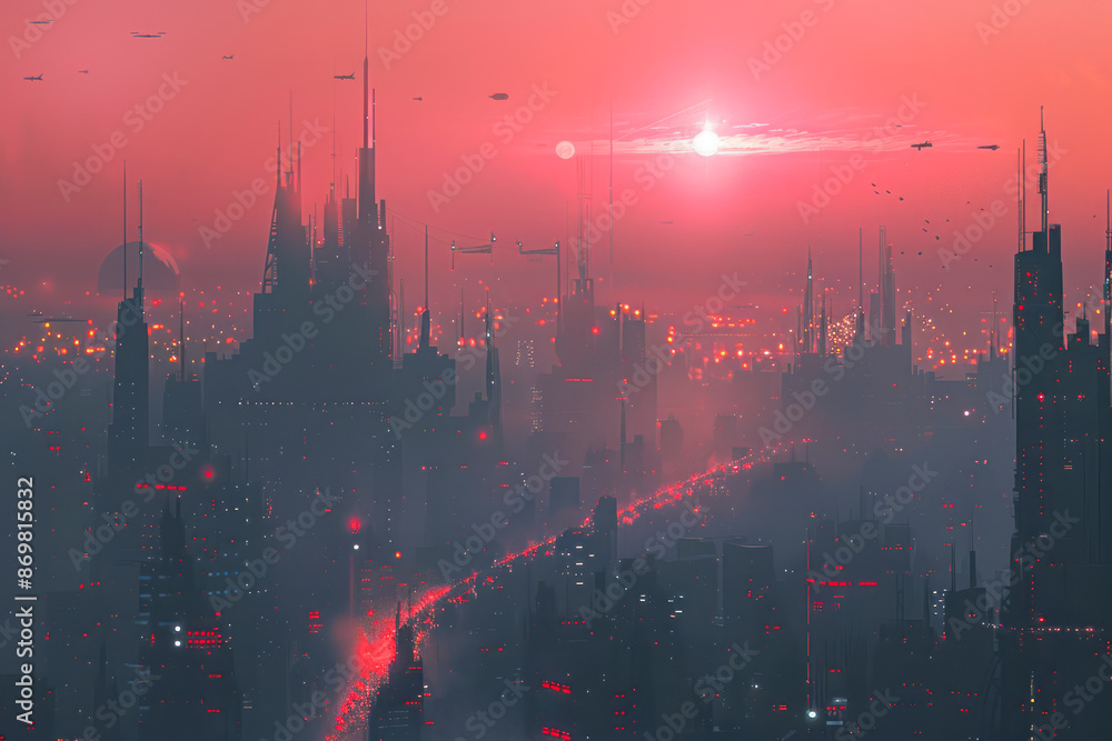 Fototapeta premium Neon Nights Futuristic Cityscape Silhouette in Cyberpunk Style