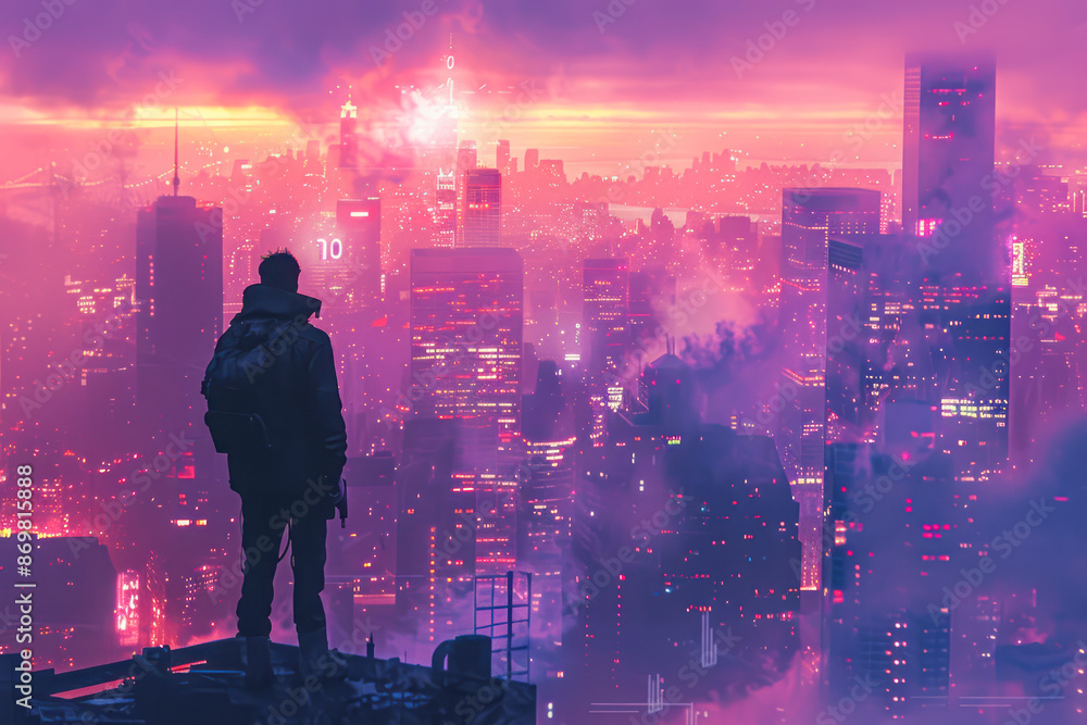 Neon-lit Cyberpunk Cityscape Futuristic Silhouette of Urban Metropolis Neon-lit Cyberpunk Cityscape Futuristic Silhouette of Urban Metropolis