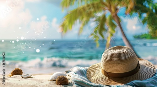 A straw hat sits on a towel on a sunny beach with coconut trees and blurred sea water. There is space to place text