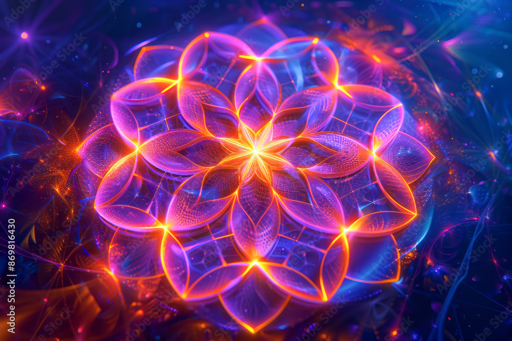 Neon Psychedelic Surrealism 3D Flower of Life Fractal Backdrop with Sacred Geometry Neon Psychedelic Surrealism 3D Flower of Life Fractal Backdrop with Sacred Geometry